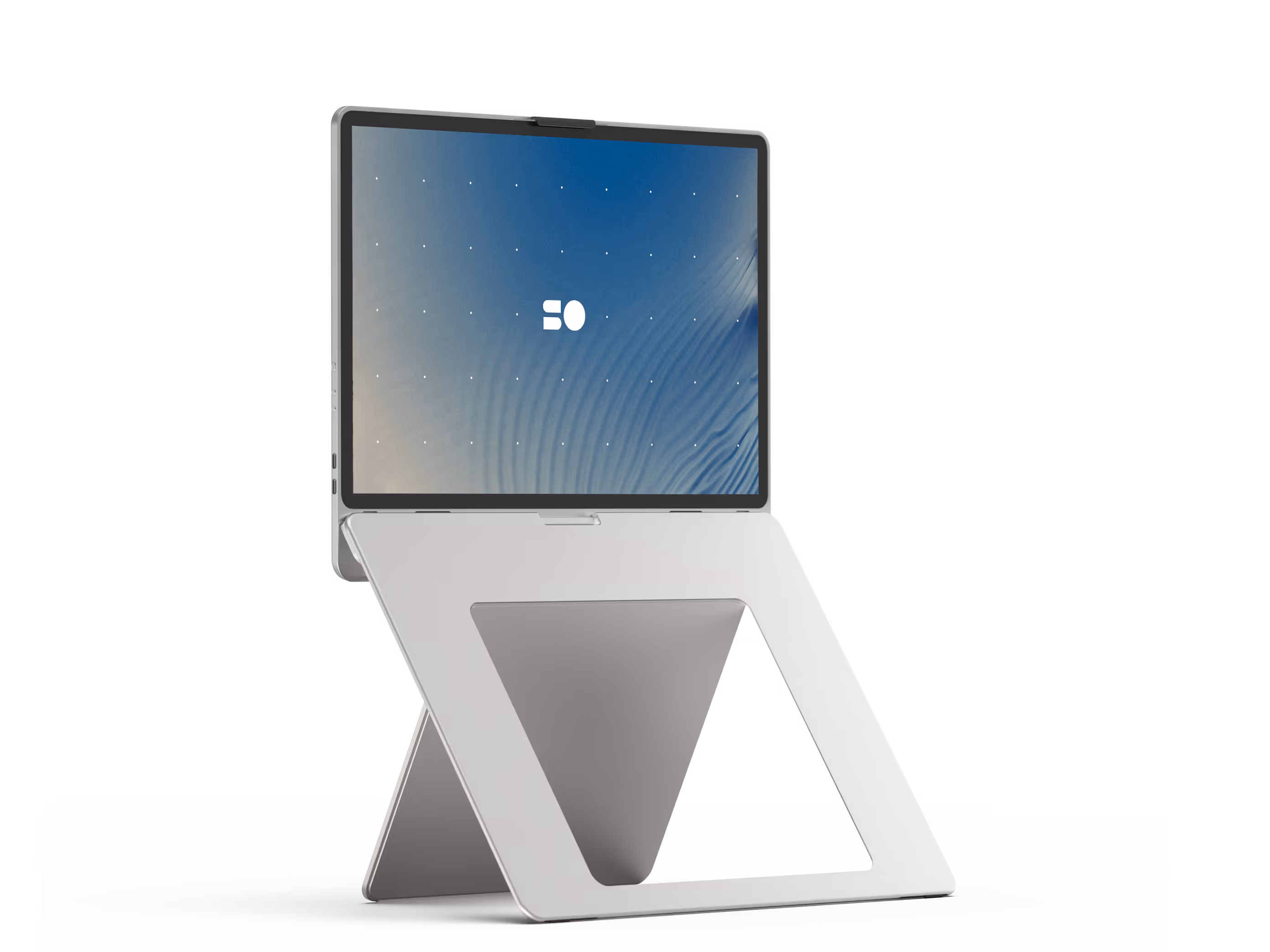 Standout portable monitor in open position showing 4K display and integrated aluminum kickstand.