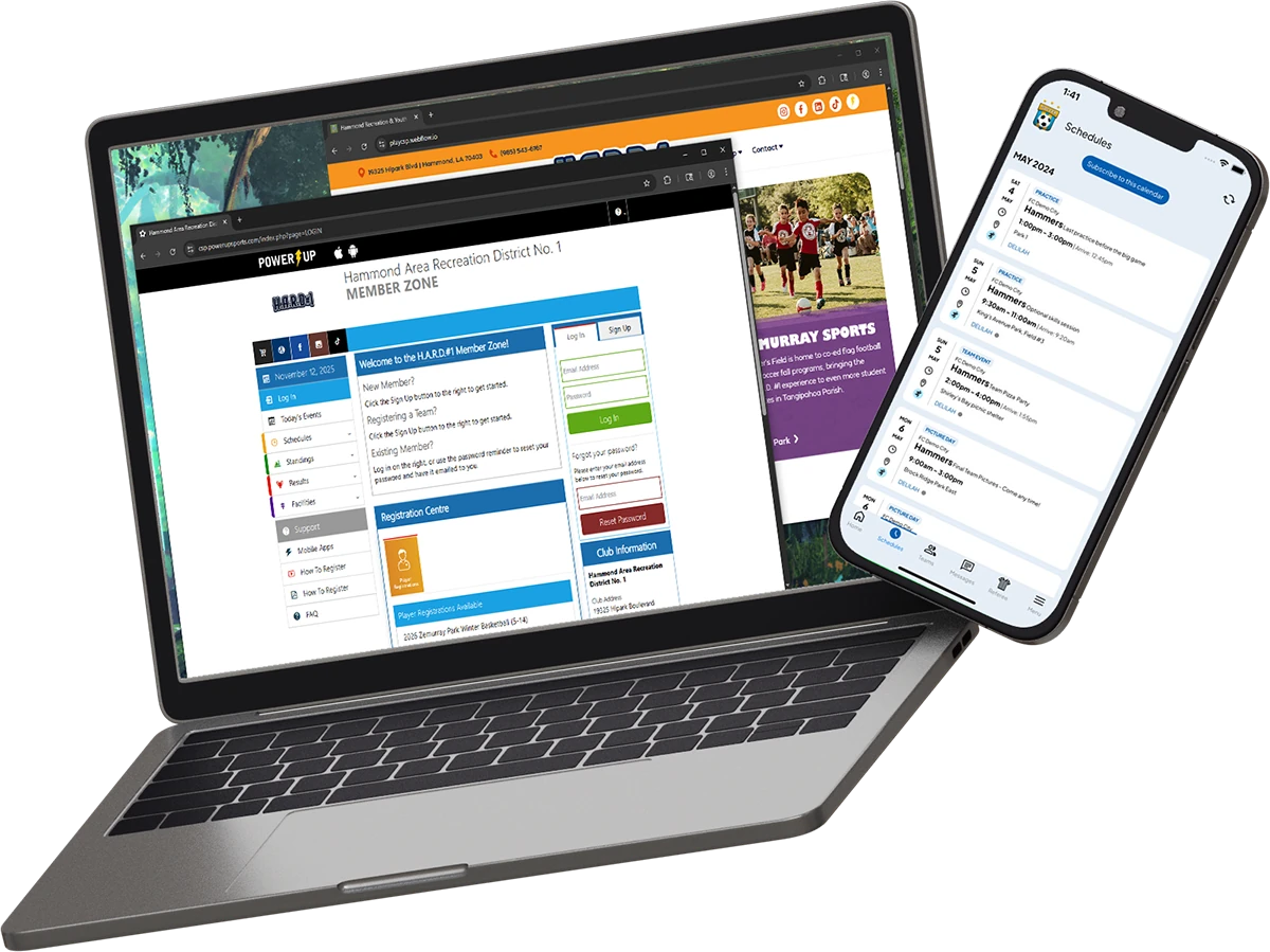 Laptop displaying Hammond Area Recreation District website with PowerUp Sports member login screen, alongside smartphone showing sports team schedules.