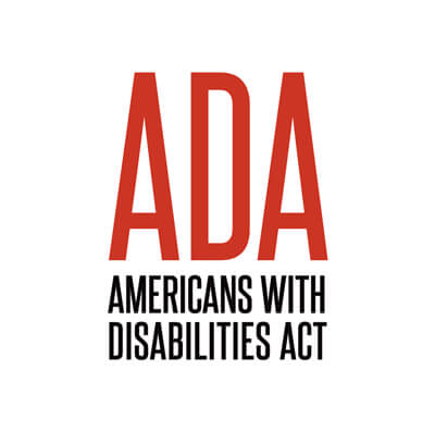 The image features large red letters ADA above black text that reads Americans with Disabilities Act on a white background.