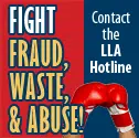 Graphic with text Fight Fraud, Waste, & Abuse! Contact the LLA Hotline featuring a red boxing glove on a blue and red background.