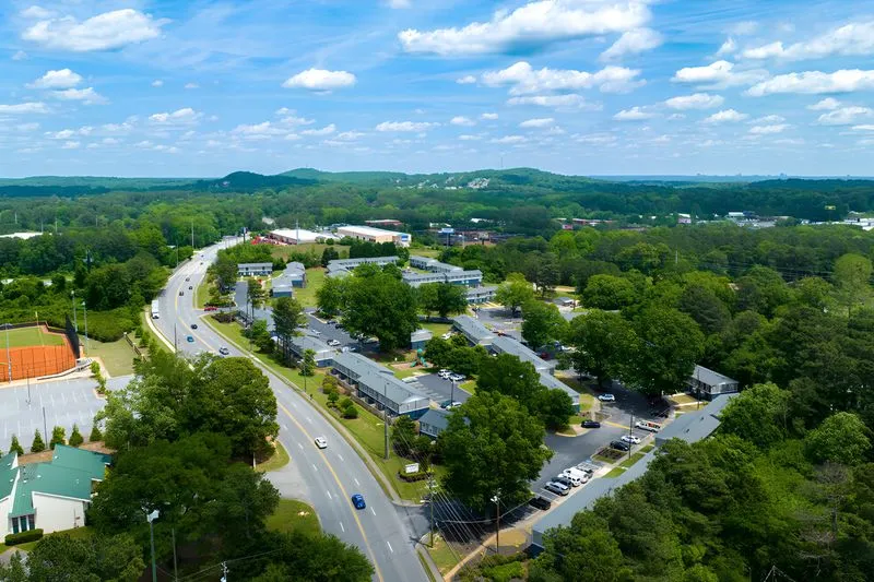Aerial drone view of Victorian Village Apartments community in Marietta GA