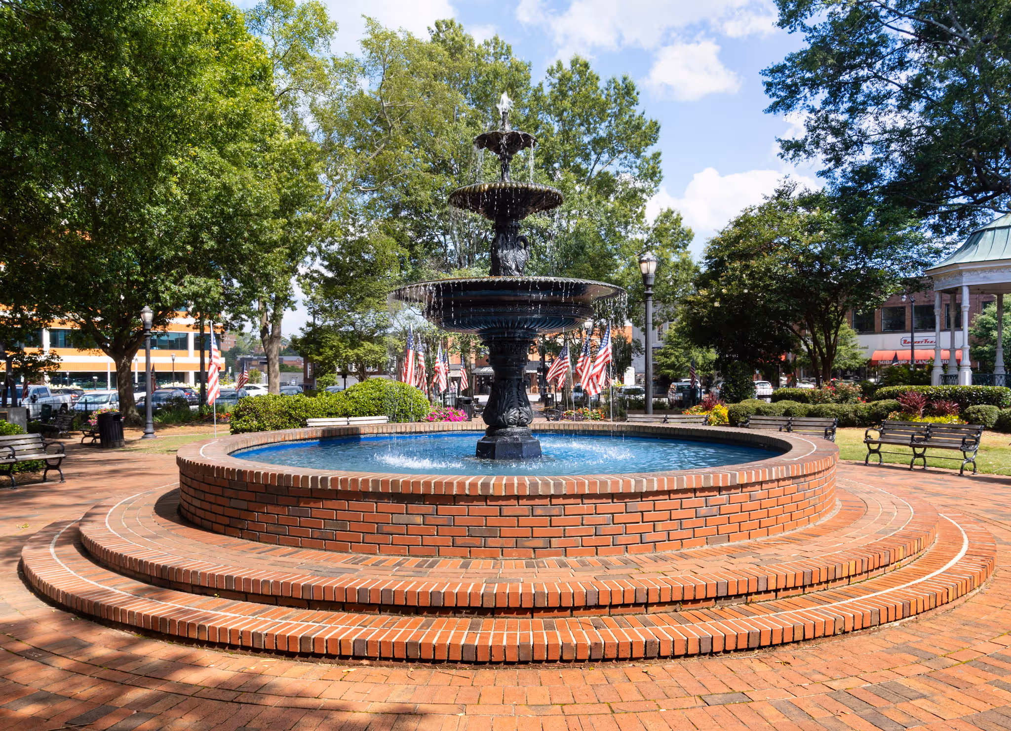 Historic Marietta Square fountain – a short walk from Victorian Village Apartments in Marietta GA