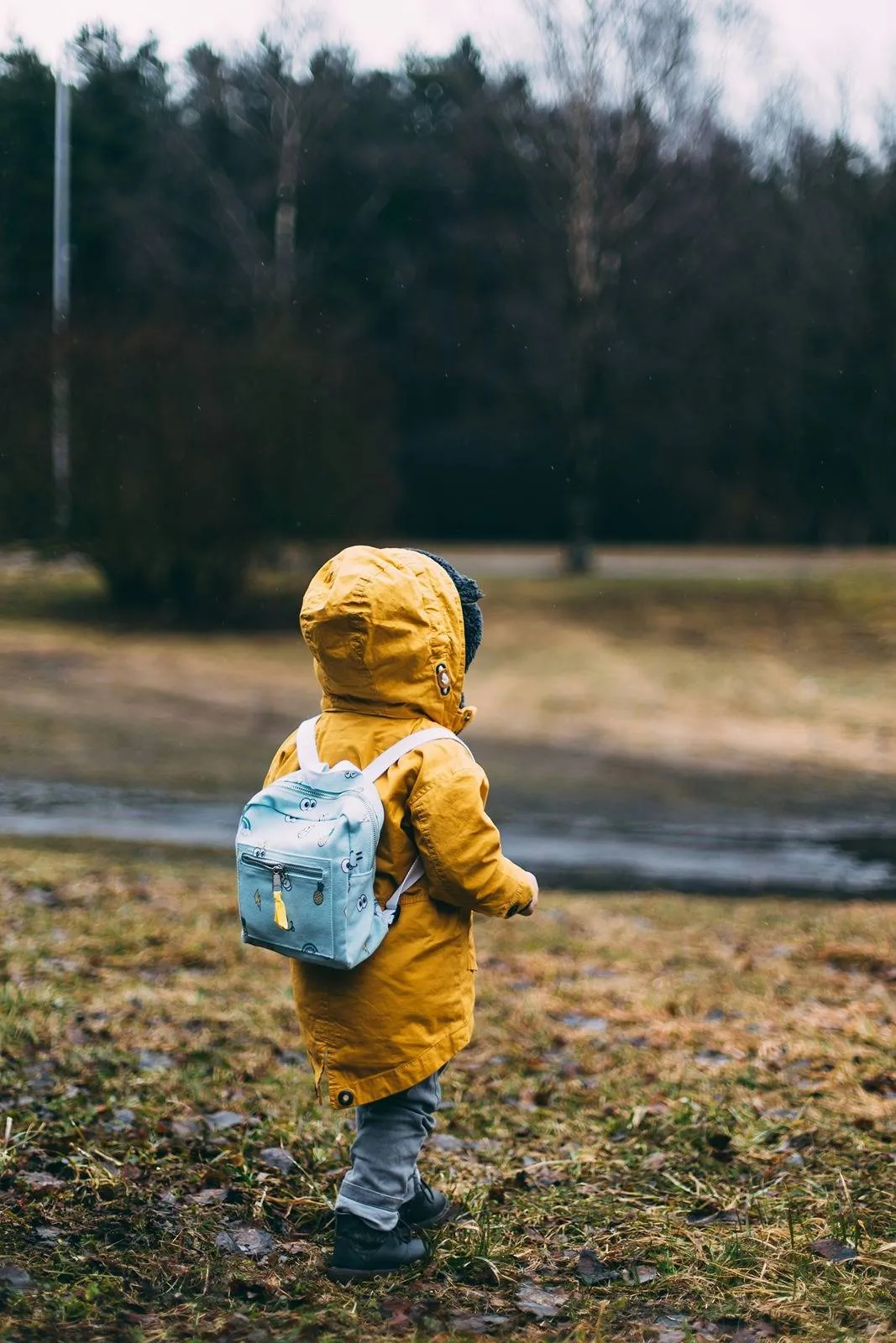Young child wearing a yellow raincoat and light blue backpack walking outdoors in a grassy area.