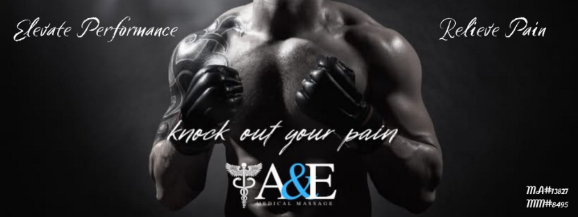 image of boxer with text on left saying "Elevate Performance" with the text "Relieve Pain" on the right with the massage therapist license listed on the bottom right