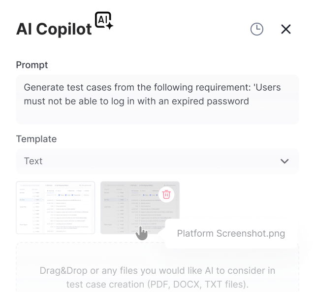 AI Copilot interface showing a prompt to generate test cases for preventing login with expired passwords, with a dropdown for template selection and a drag-and-drop file upload area.