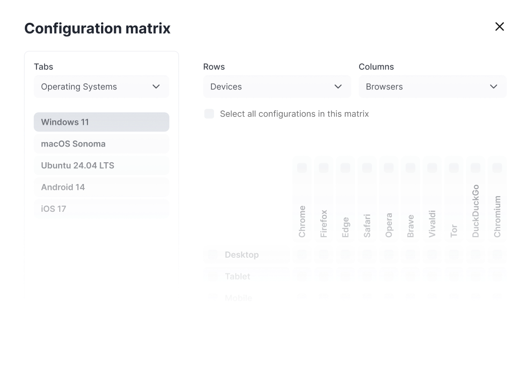 Configuration matrix interface showing tabs for Operating Systems including Windows 11, macOS Sonoma, Ubuntu 24.04 LTS, Android 14, and iOS 17; rows for Devices with Desktop, Tablet, and Mobile; and columns for Browsers including Chrome, Firefox, Edge, Safari, Opera, Brave, Vivaldi, Tor, DuckDuckGo, and Chromium.