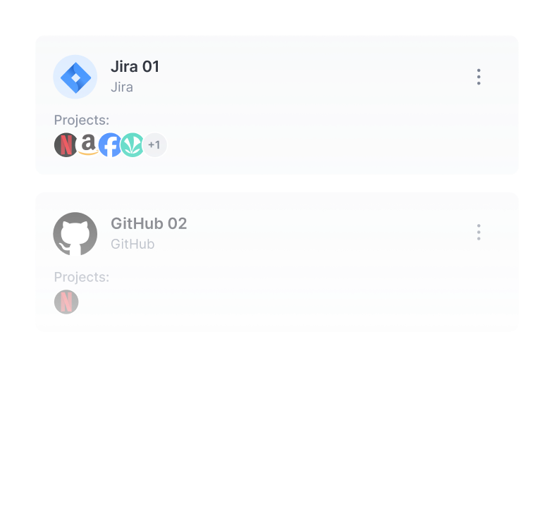 Interface showing two accounts: Jira 01 with multiple project icons and GitHub 02 with one project icon.