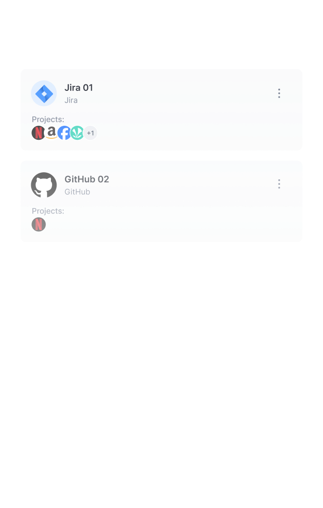 Two project cards: Jira 01 showing five project icons including Netflix and Facebook, and GitHub 02 showing one project icon for Netflix.