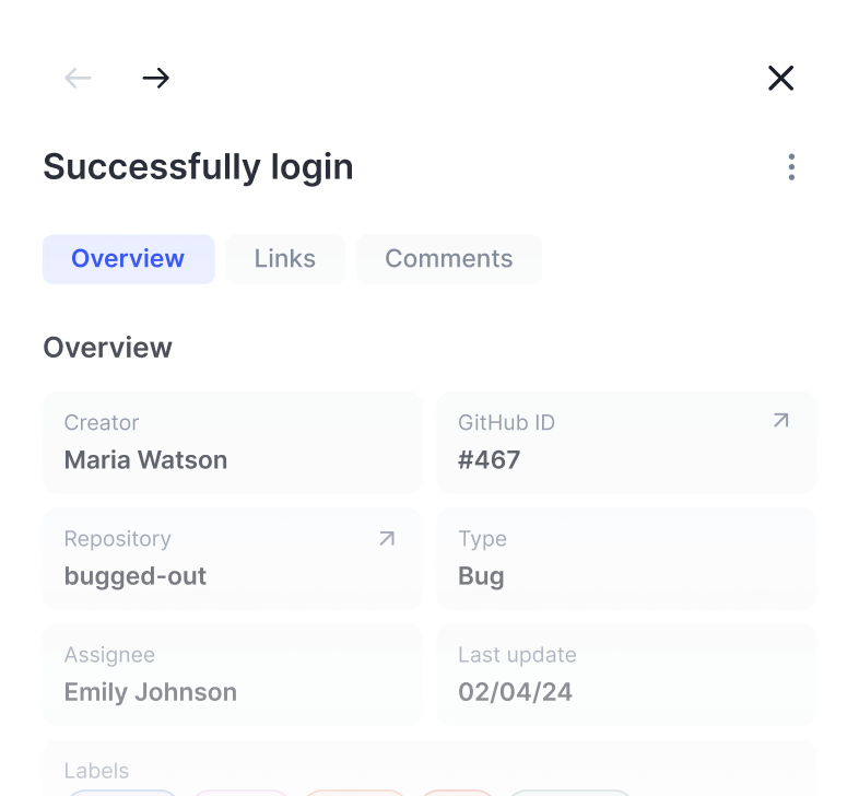 User interface showing radio buttons for Test format and Result format with Result format selected, text input named Basic result, toggle for Assign as default off, tabs for Rule 1 and Rule 2 with Rule 2 active, status filters In progress and Passed applied, Manage tags toggle on, and a custom field labeled Success notes.