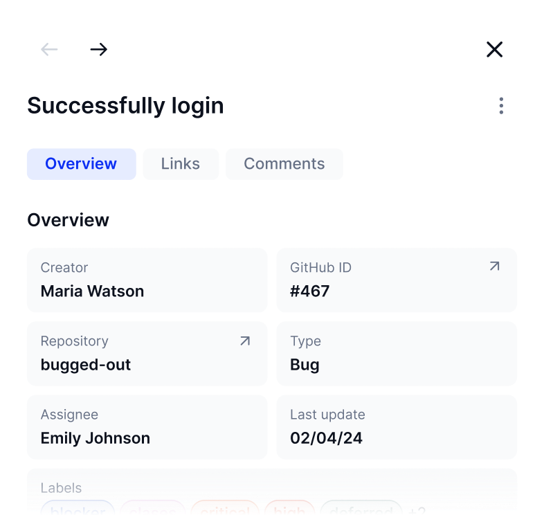 User interface showing radio buttons for Test format and Result format with Result format selected, text input named Basic result, toggle for Assign as default off, tabs for Rule 1 and Rule 2 with Rule 2 active, status filters In progress and Passed applied, Manage tags toggle on, and a custom field labeled Success notes.