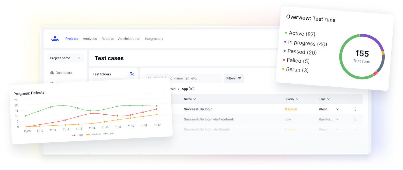 Software test case dashboard showing test run status and defect progress charts with filters and tags.