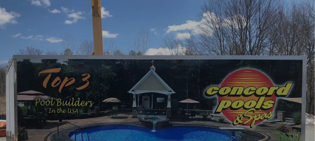 Trailer wrap design for Concord Pools & Spas, highlighting a luxury pool installation and bold branding.