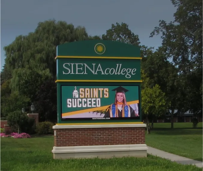 Digital LED campus signage for Siena College featuring student success message