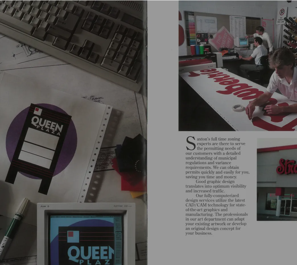 Vintage design studio setup with Queen Plaza signage concept and technicians working on large signage at Saxton Signs