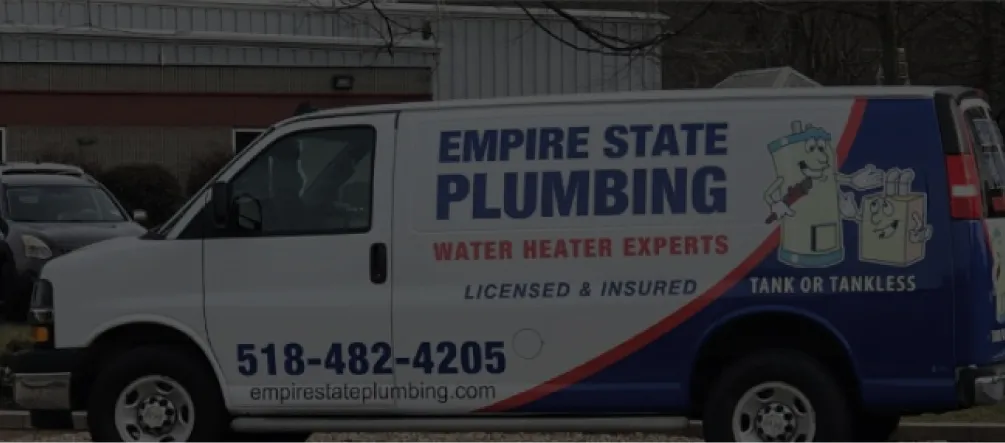 Branded van for Empire State Plumbing, licensed experts in water heater installations.