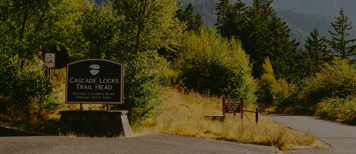 Cascade Locks Trail Head sign in forest