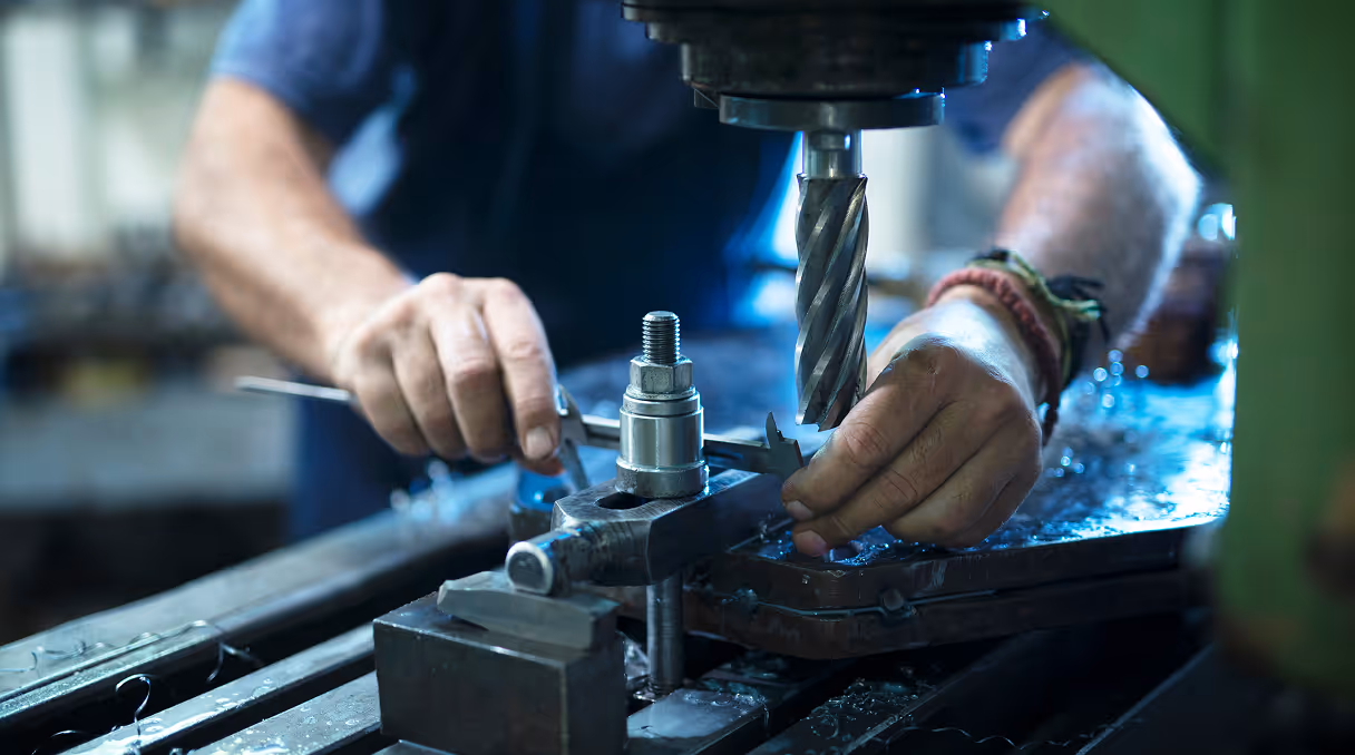 Worker adjusting a milling machine on metal workpiece.