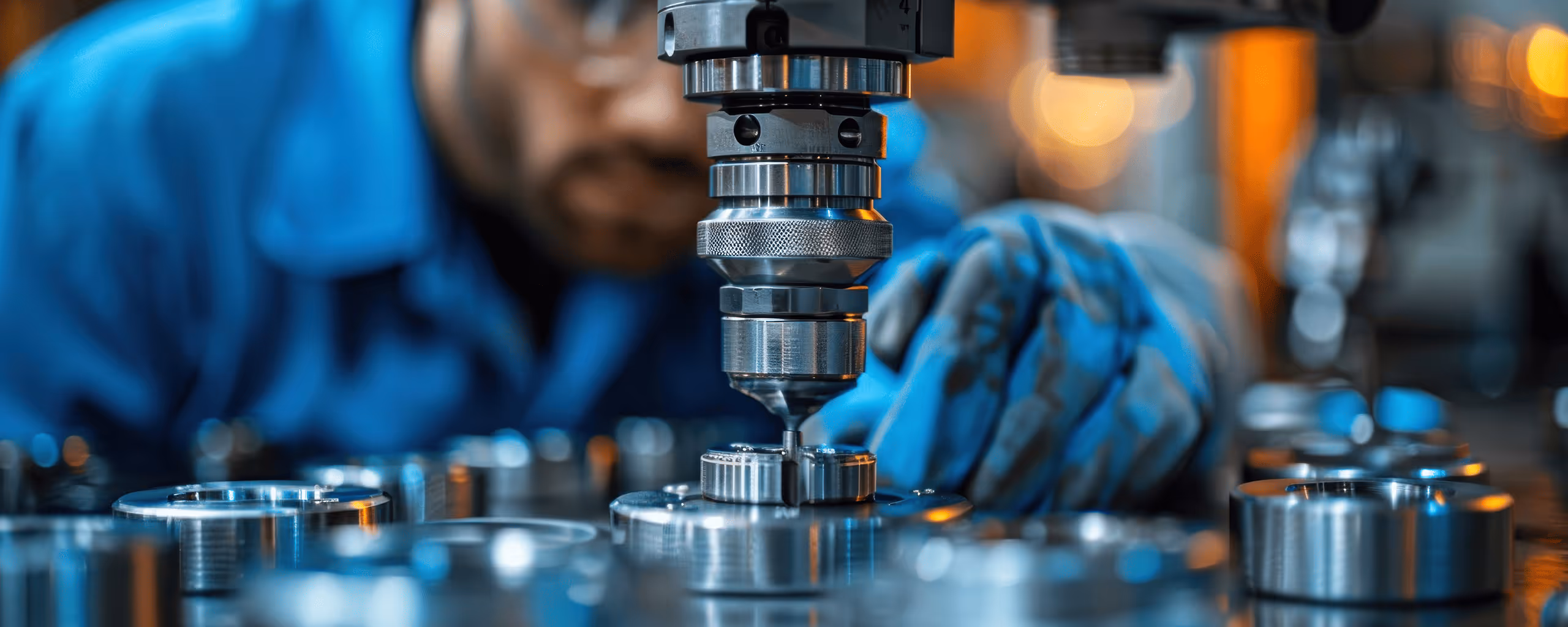 Worker using a drill press on metal parts.