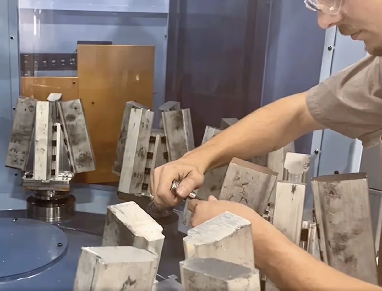 Worker handling metal blocks in a machining setup.
