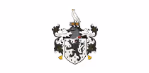 Grammar school coat of arms with shield, black lion, and heraldic supporters.