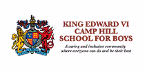 King Edward VI Camp Hill School for Boys logo with lion, dragon, and coat of arms.