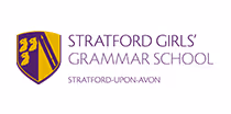 Stratford Girls' Grammar School logo with shield and purple text, Stratford-upon-Avon.