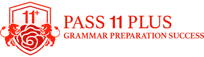 PASS 11 PLUS logo with red shield, lions, and rose for grammar exam prep.