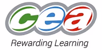 CEA logo with oval design and coloured letters, tagline reads 'Rewarding Learning.