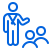 A blue line icon of a person with a tie, gesturing towards two smaller figures.