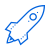 A blue outline icon of a rocket ship flying upwards diagonally.