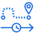 A blue line icon showing a dotted path with markers and a pinpoint location above a timeline.
