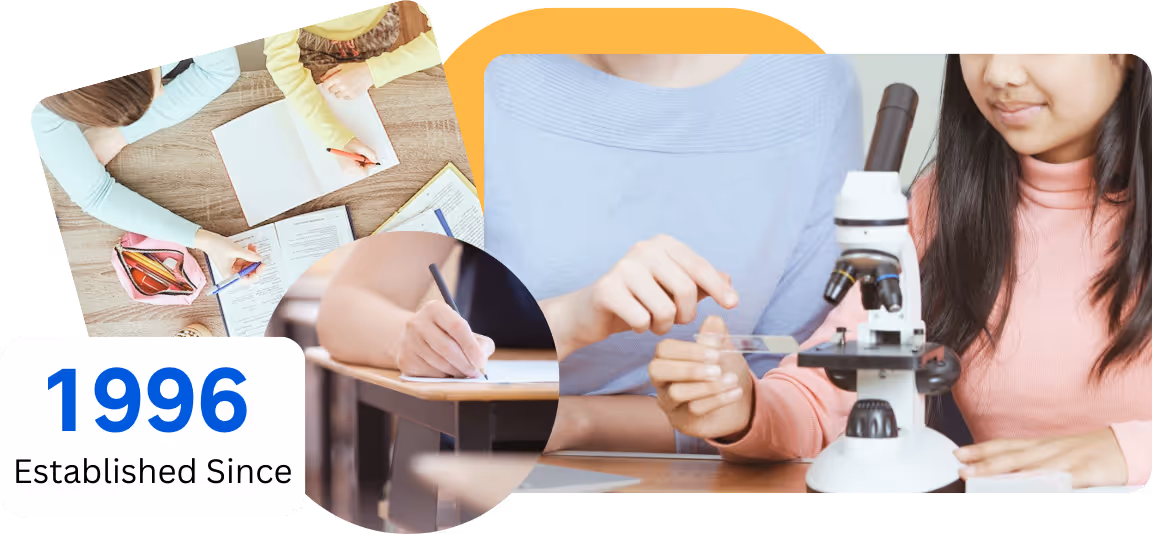 Students studying, writing notes, and using microscope for A-level biology