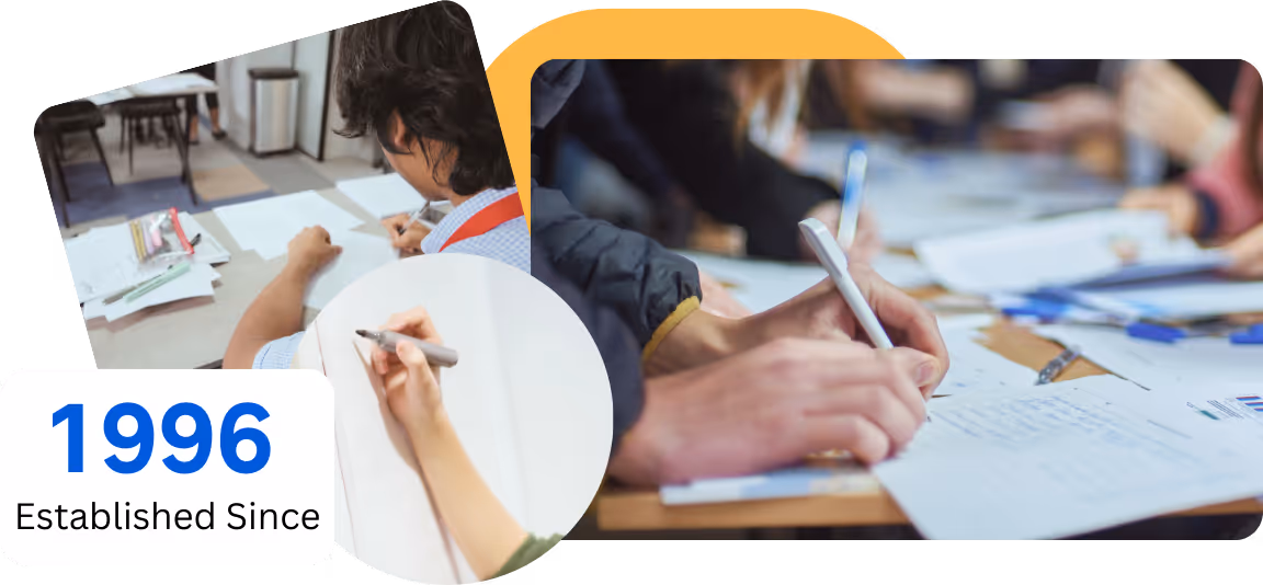 Hands writing on paper, group study, and '1996 Established Since' text.