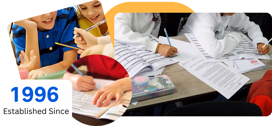Children writing and learning together; '1996 Established Since' shown.