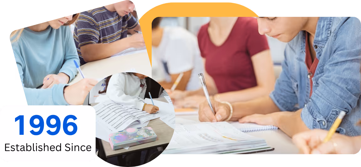 Students writing, sorting papers, and '1996 Established Since' text shown.