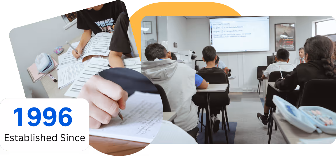 Students writing, handling papers, and '1996 Established Since' text shown.