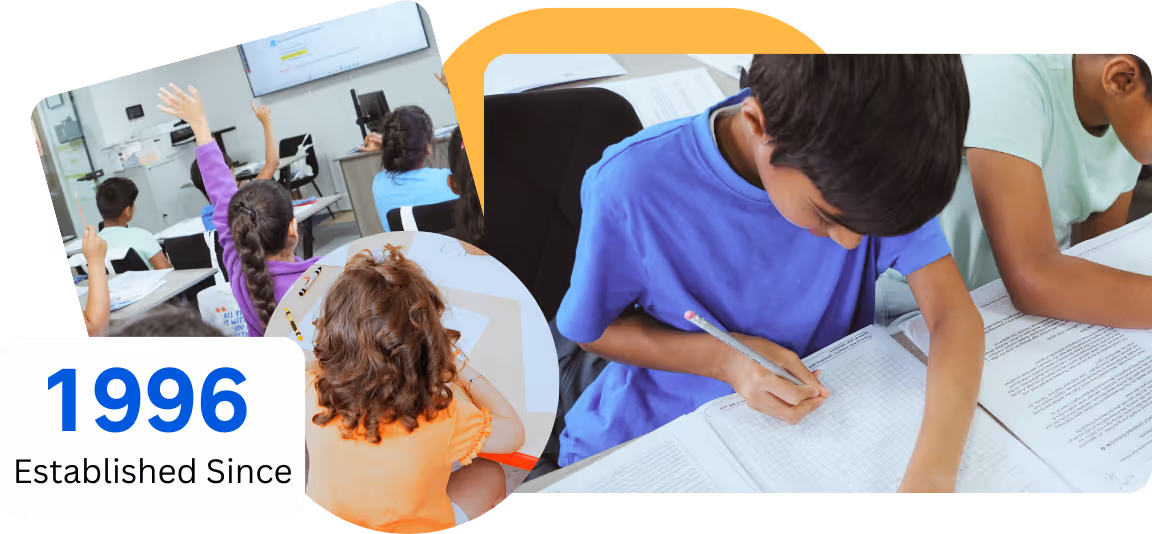 Children learning in class, writing, raising hands; '1996 Established Since'.