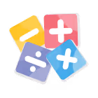 White calculator icon with math symbols on blue square, representing mathematics.