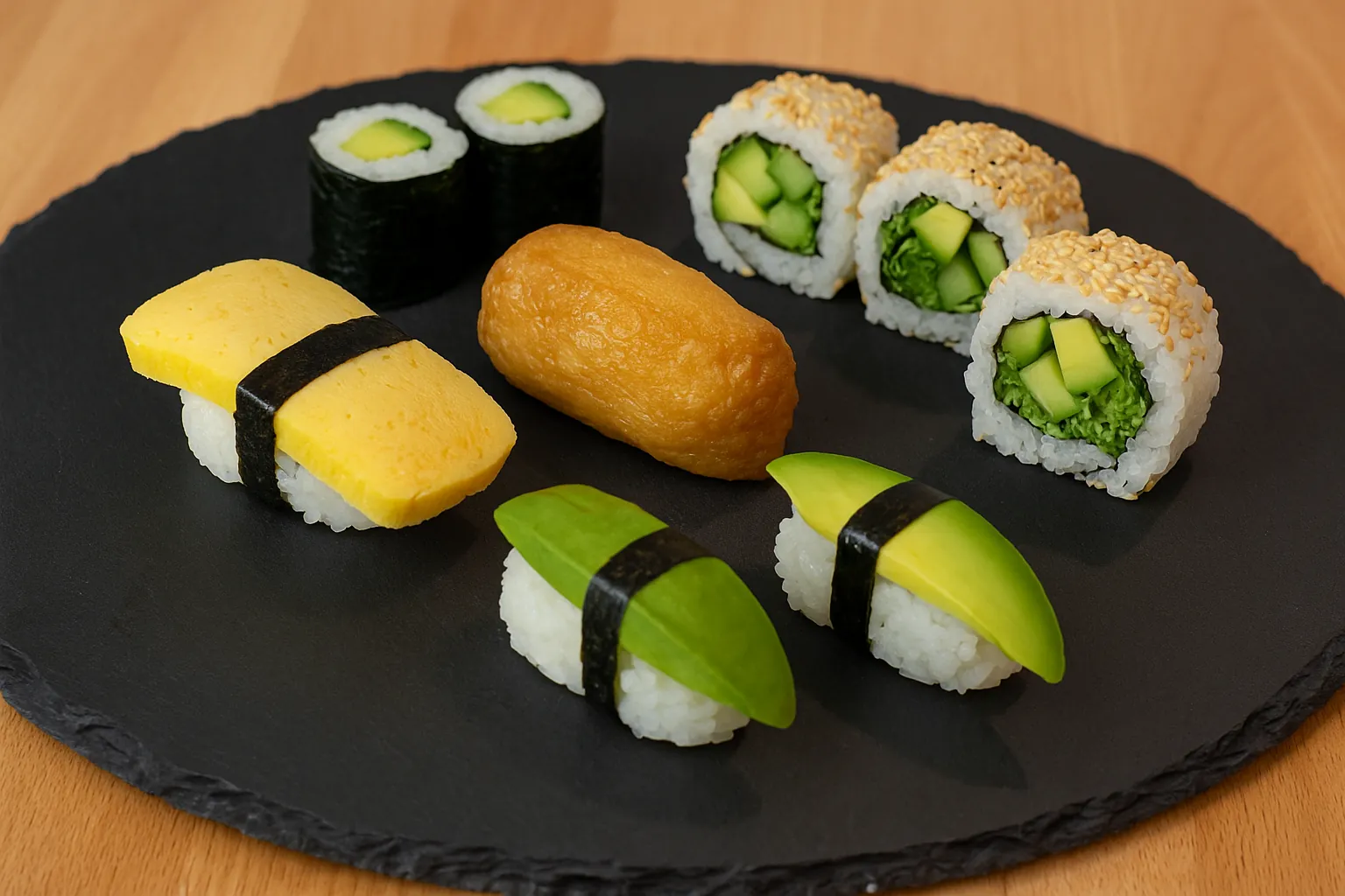 Mittagsmenü „Green Garden“ – vegetarisch mit Tamago, Inari, Avocado, Avocado-Hoso-Maki und Vegi-Ura-Maki