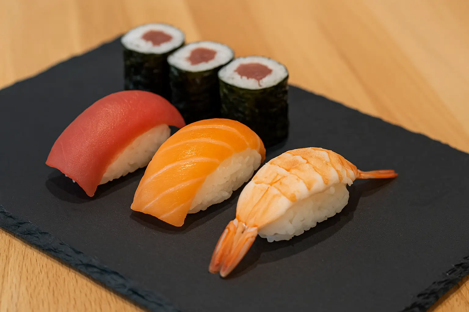 Mittagsmenü „Maguro Shake“ – Nigiri (Thunfisch, Lachs, Garnele) und Tekka-Maki