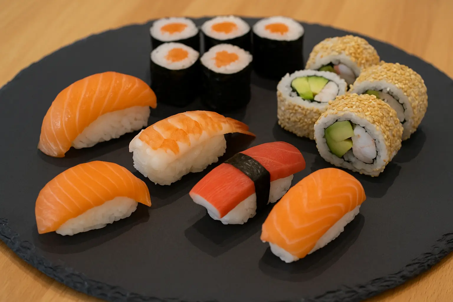 Mittagsmenü „Tiger Lachs“ – Lachs-Hoso-Maki, Nigiri (Lachs, Krebs) und Tiger-Ura-Maki