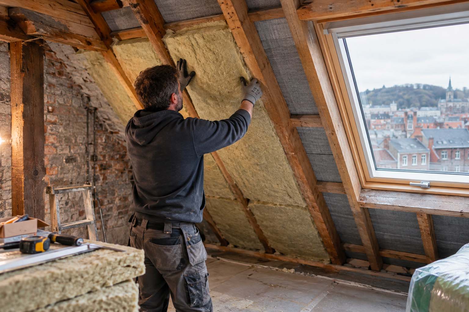 Chantier d'isolation de toiture à Liège