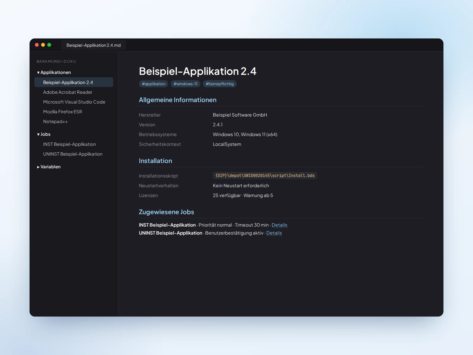 Automatisierte Paketdokumentation: Applikation mit Jobs und Einstellungen als Markdown in Obsidian