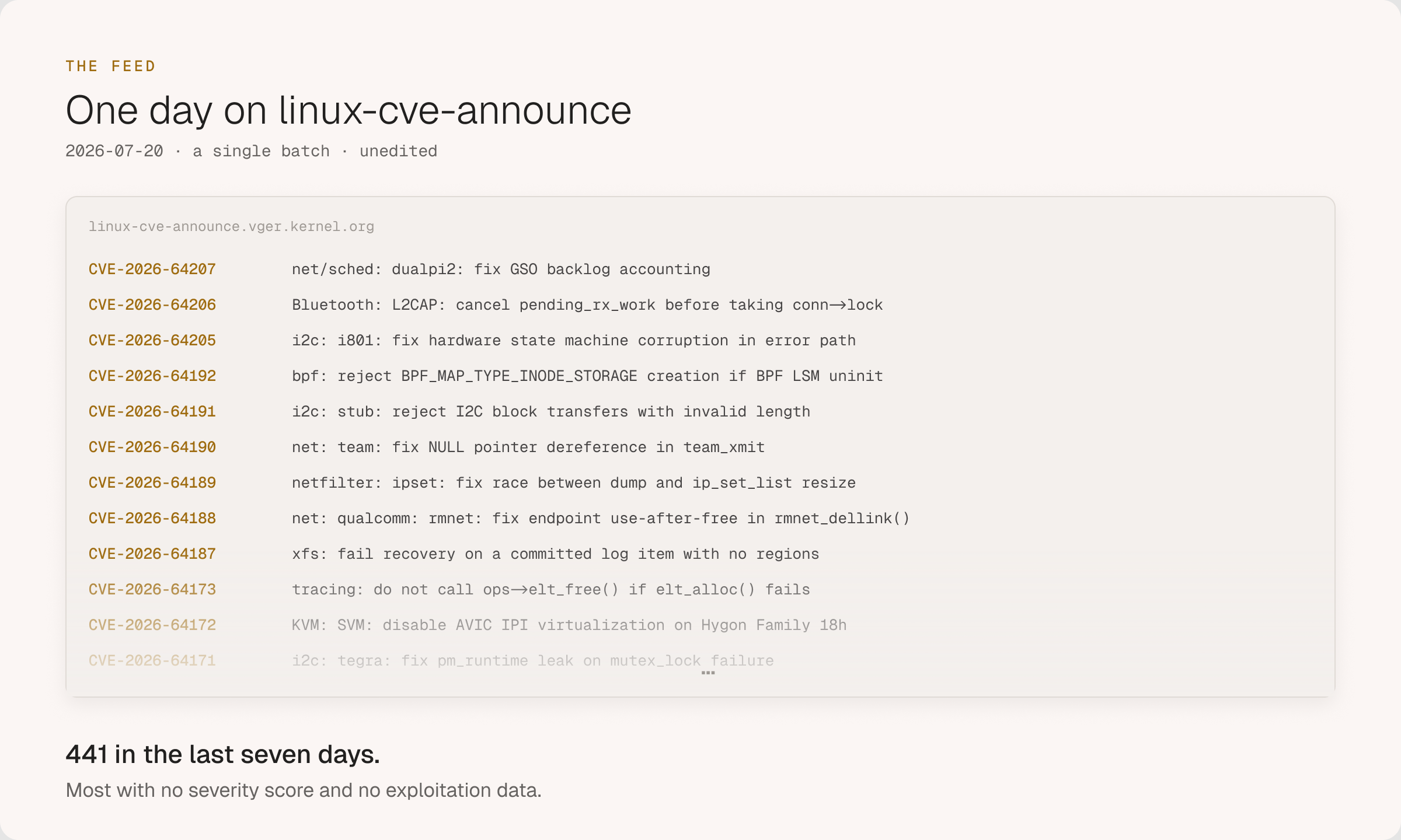 One day on the kernel's own CVE announce list, unedited.