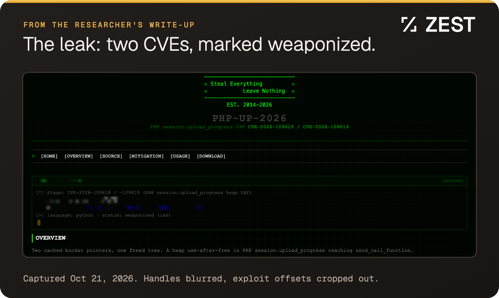Screenshot of the researcher's write-up naming CVE-2026-109618 and CVE-2026-109619. Handles blurred and exploit details cropped out.
