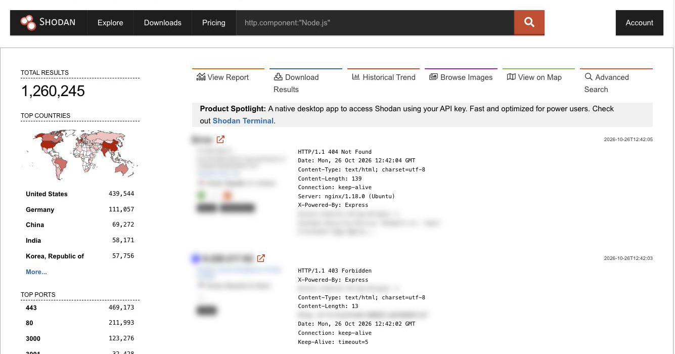 Shodan search for http.component:"Node.js" on October 26, 2026: about 1.26 million hosts, with banners such as X-Powered-By: Express that carry no Node.js version. Host details are blurred.