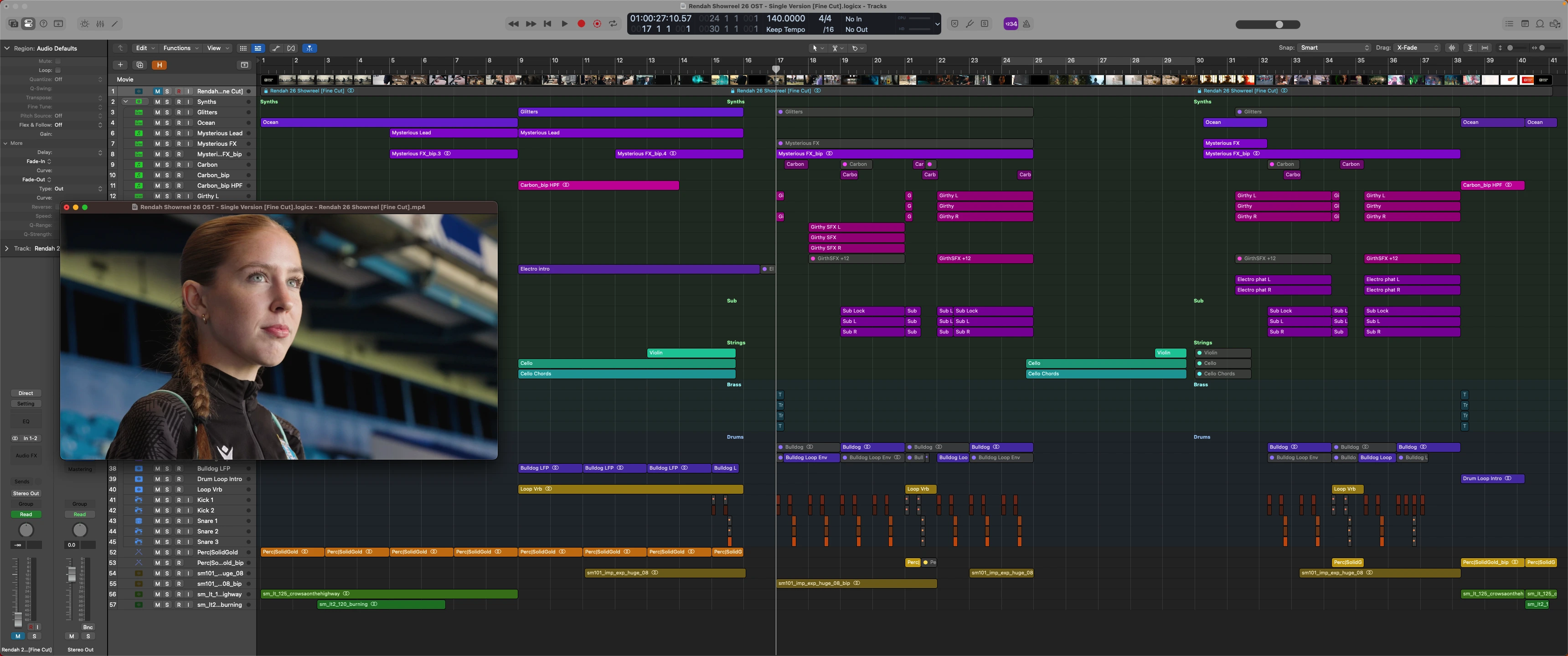 Screenshot of Logic Pro project session showing original music composition for a Rendah Films video production.