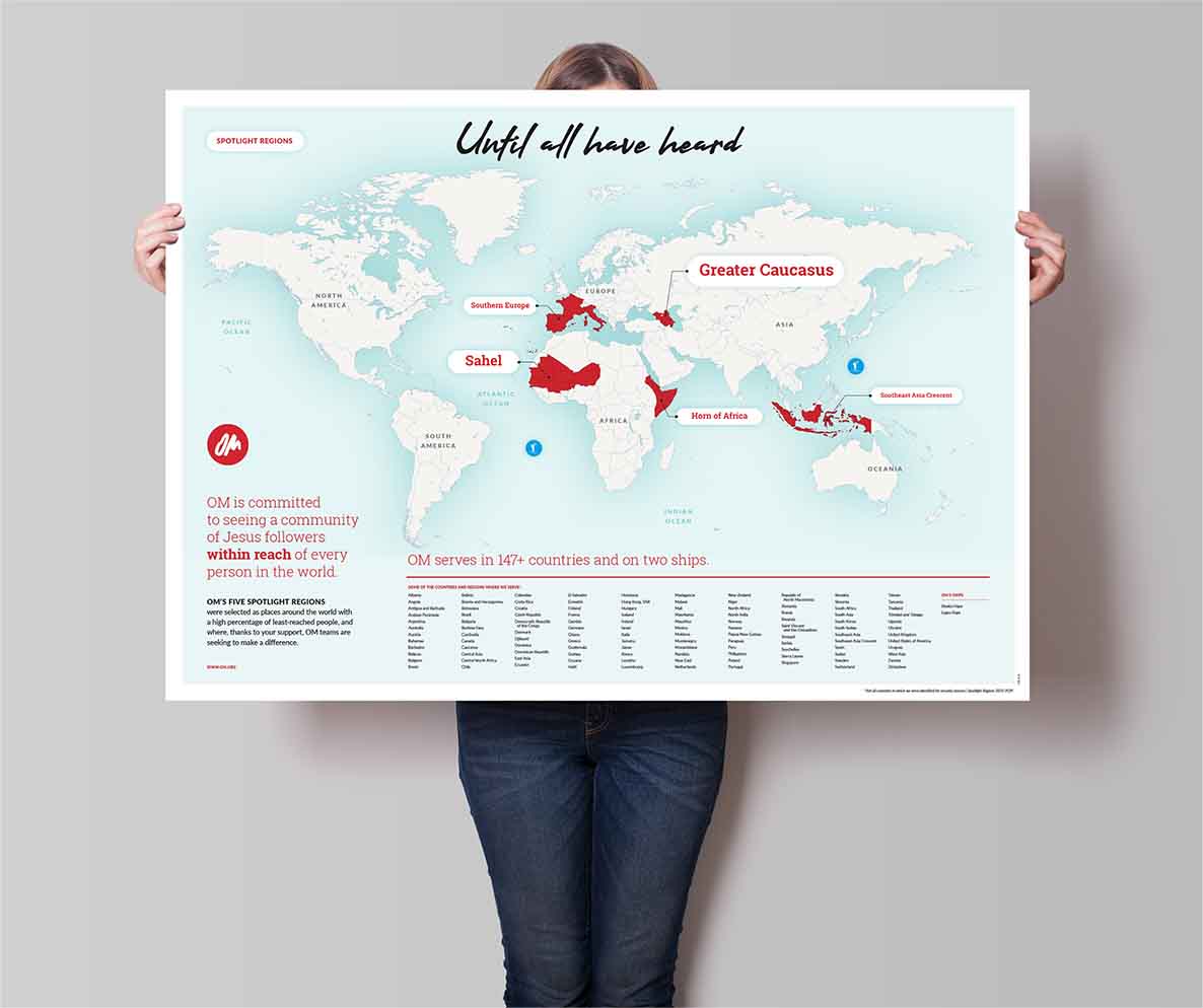 World map highlighting OM's five spotlight regions in red: Southern Europe, Sahel, Greater Caucasus, Horn of Africa, and Southeast Asia Crescent, showing OM's global reach in 147+ countries.
