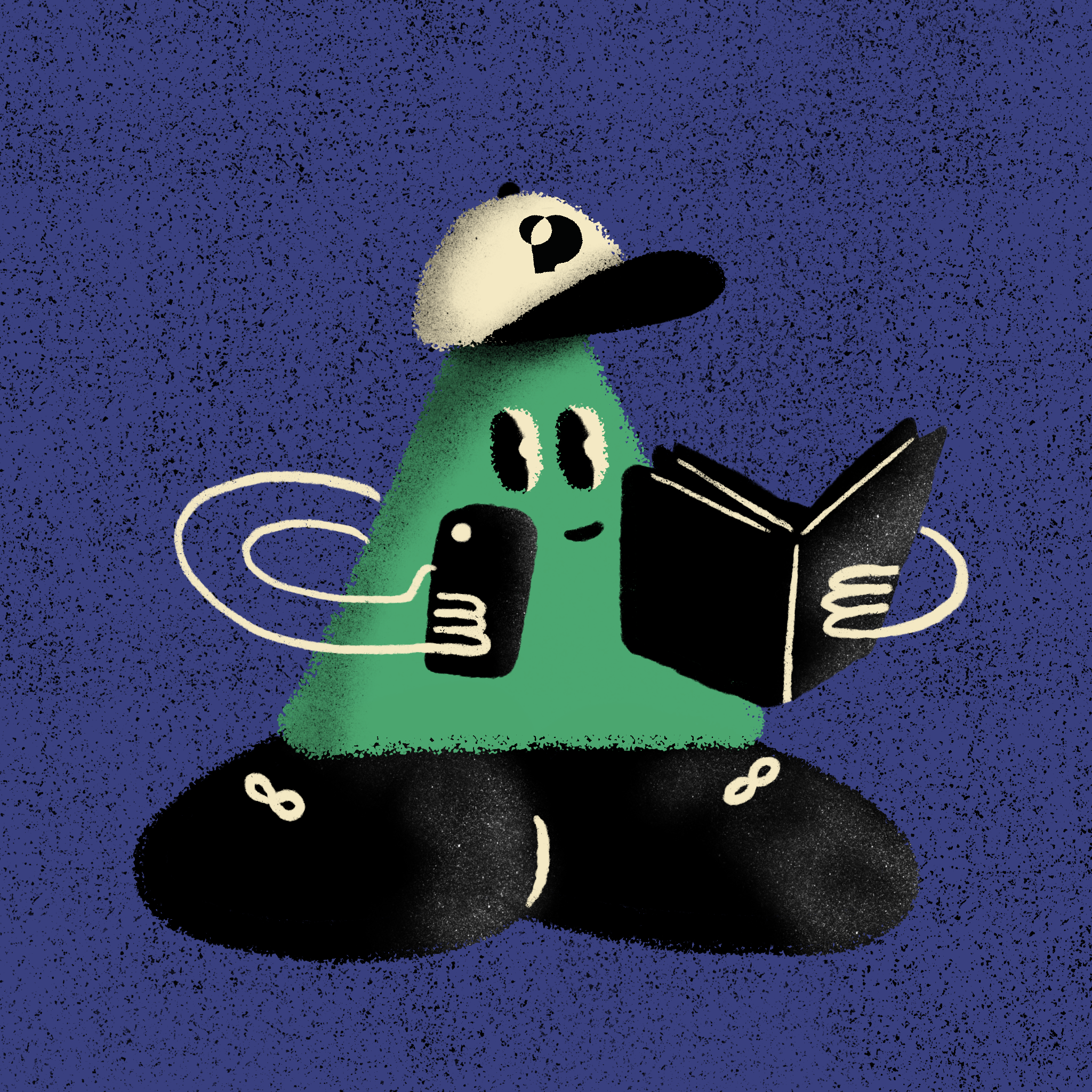 Illustration of triangle character holding a smartphone and a magazine.