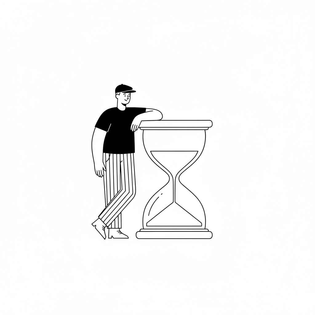 Illustration einer Person, die entspannt an einer Sanduhr lehnt und für Zeit, Erfahrung und Struktur im Designprozess steht.